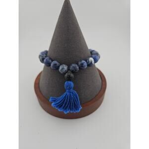 Marbled Bead Tassel Stretch Bracelet Navy Blue Natural Earthy Boho Stackable